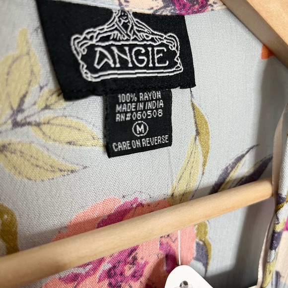 Angie Women's Open Front Kimono Size Medium Blue Gray Floral Long Length Rayon - Picture 5 of 9